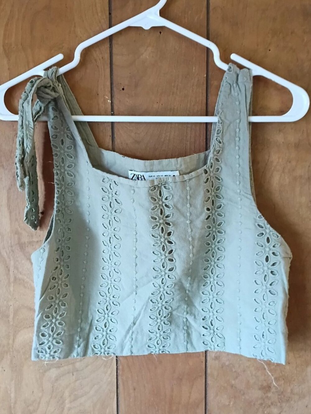 Zara Eyelet Crop Top Tie Shoulder Sage Green XS